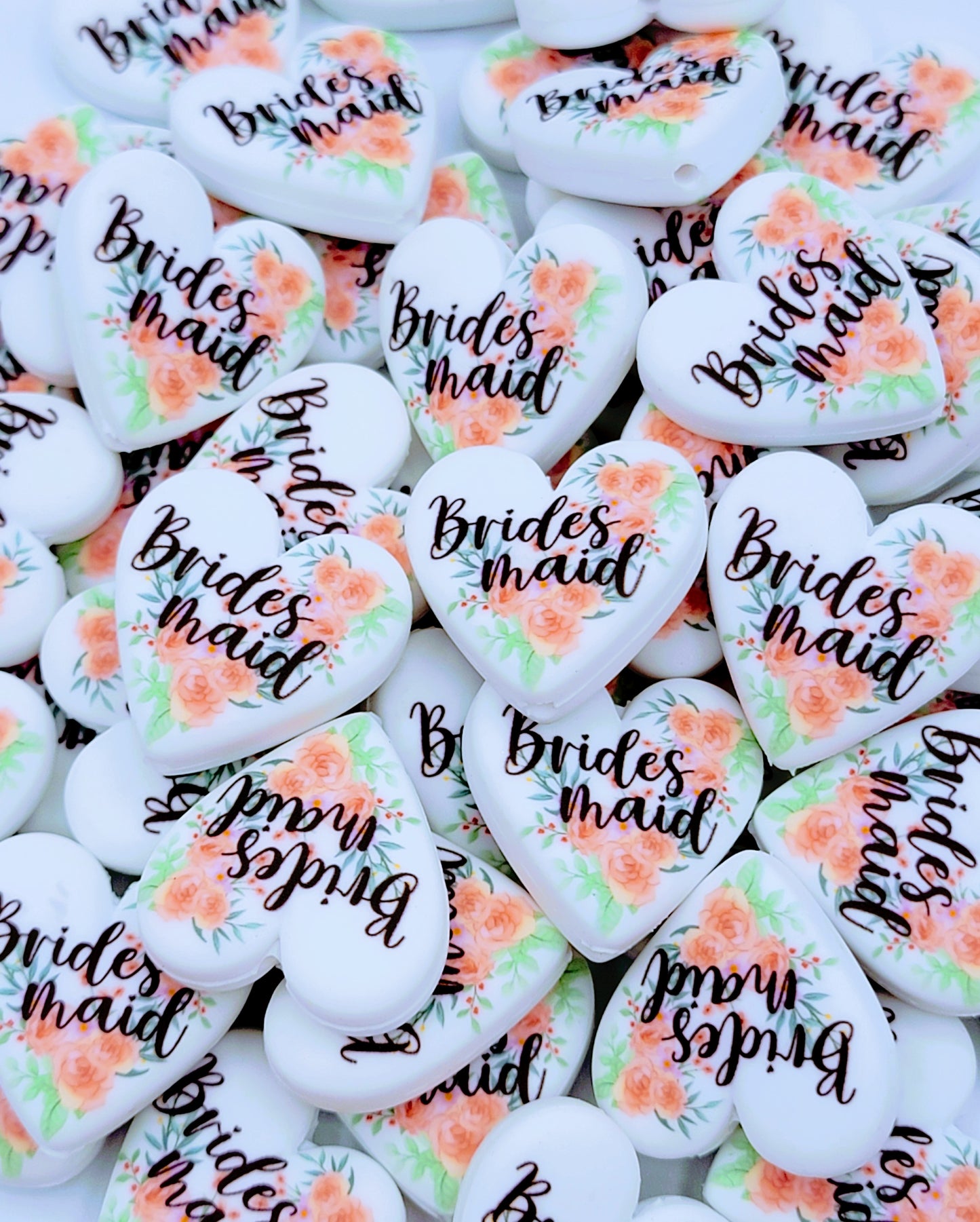 Bridesmaid Orange Pink Floral Heart Silicone Pen Bead, DIY Bridal Party Gift - Set of 2