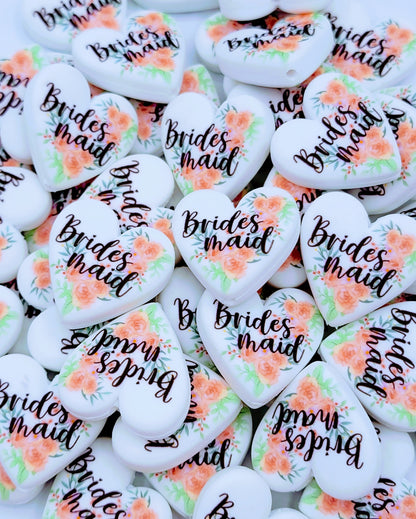 Bridesmaid Orange Pink Floral Heart Silicone Pen Bead, DIY Bridal Party Gift - Set of 2