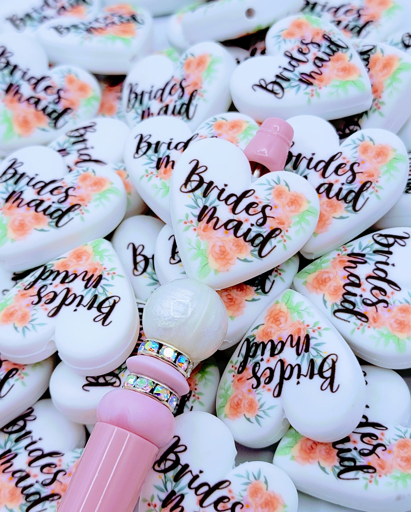 Bridesmaid Orange Pink Floral Heart Silicone Pen Bead, DIY Bridal Party Gift - Set of 2