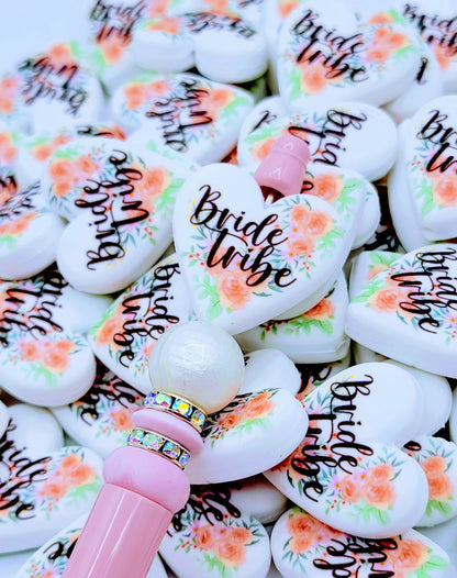 Bride Tribe Orange Pink Floral Heart Silicone Pen Bead, DIY Bridal Party Gift - Set of 2