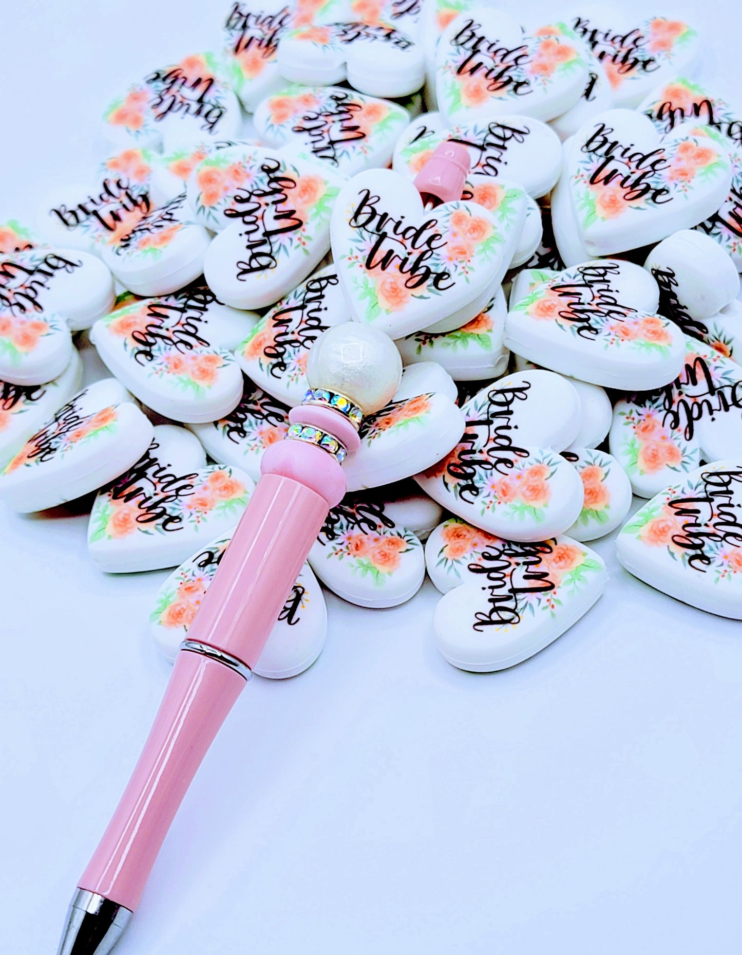 Bride Tribe Orange Pink Floral Heart Silicone Pen Bead, DIY Bridal Party Gift - Set of 2