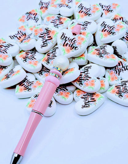 Bride Tribe Orange Pink Floral Heart Silicone Pen Bead, DIY Bridal Party Gift - Set of 2