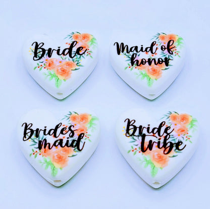 Bridesmaid Orange Pink Floral Heart Silicone Pen Bead, DIY Bridal Party Gift - Set of 2