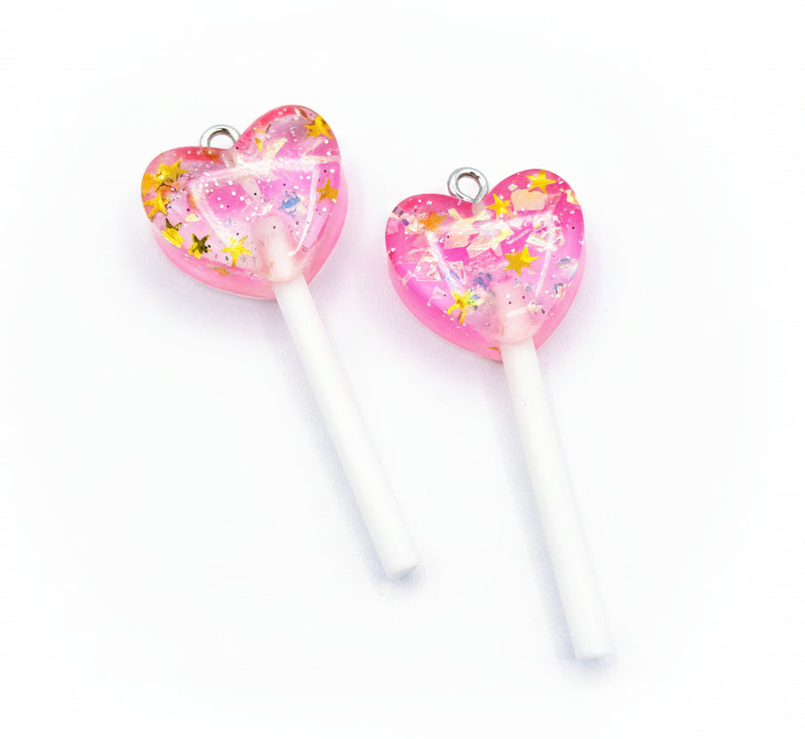 Sparkle Heart Lollipop Resin Charms (Set of 2) - Eyehook Charm