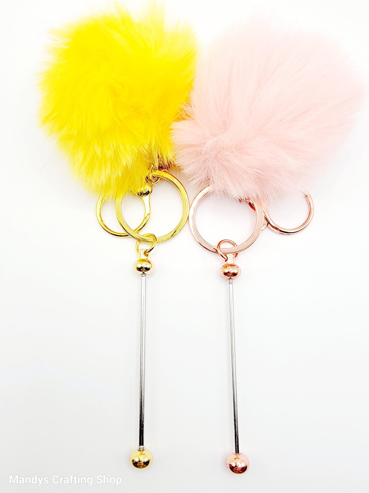 Beadable Keychain Bar with Fluffy Pom Pom, Fuzzy Fur Ball With Bead Bar