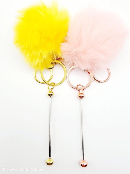 Beadable Keychain Bar with Fluffy Pom Pom, Fuzzy Fur Ball With Bead Bar