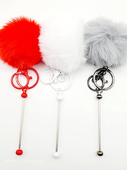 Beadable Keychain Bar with Fluffy Pom Pom, Fuzzy Fur Ball With Bead Bar