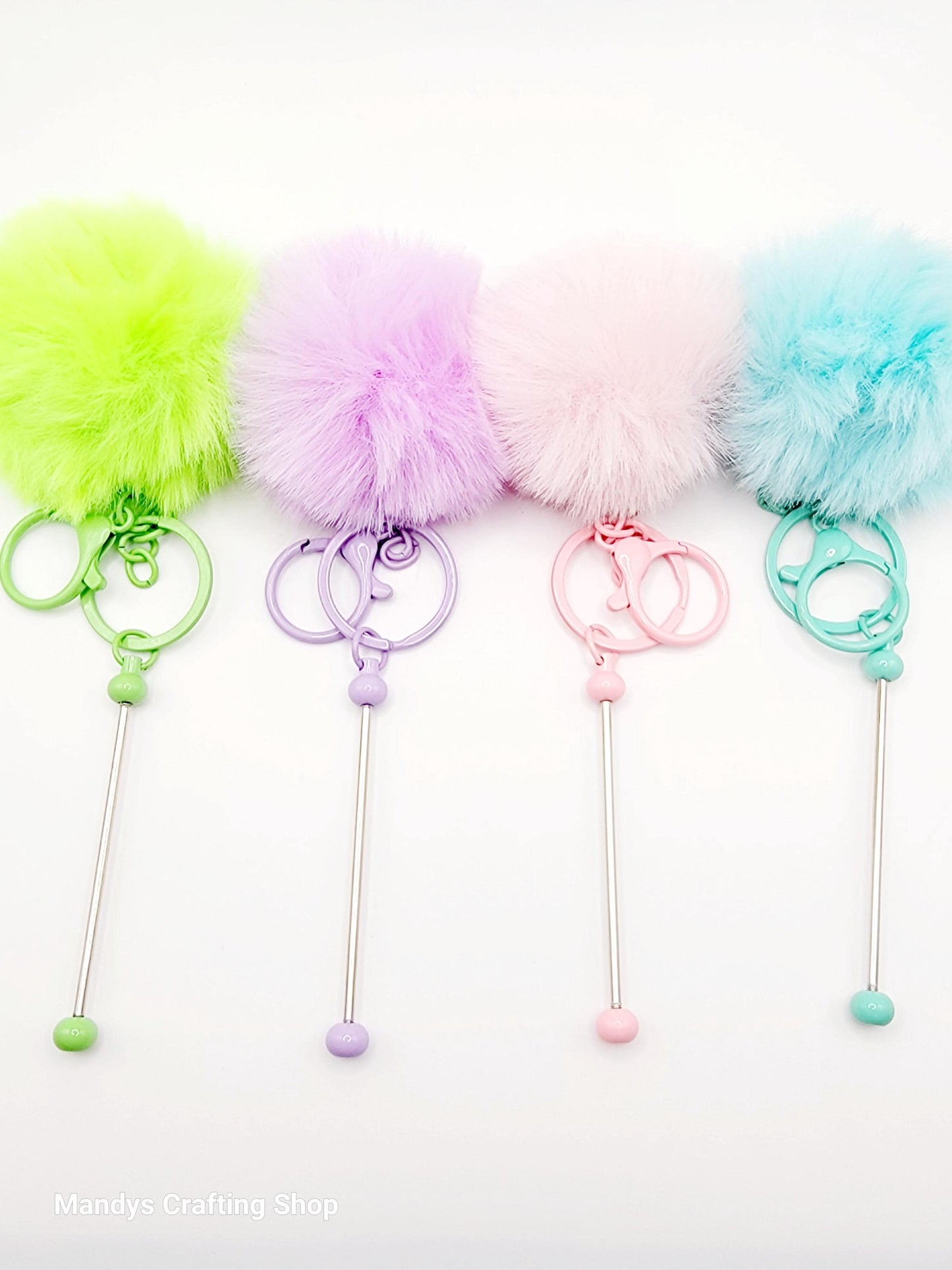 Beadable Keychain Bar with Fluffy Pom Pom, Fuzzy Fur Ball With Bead Bar