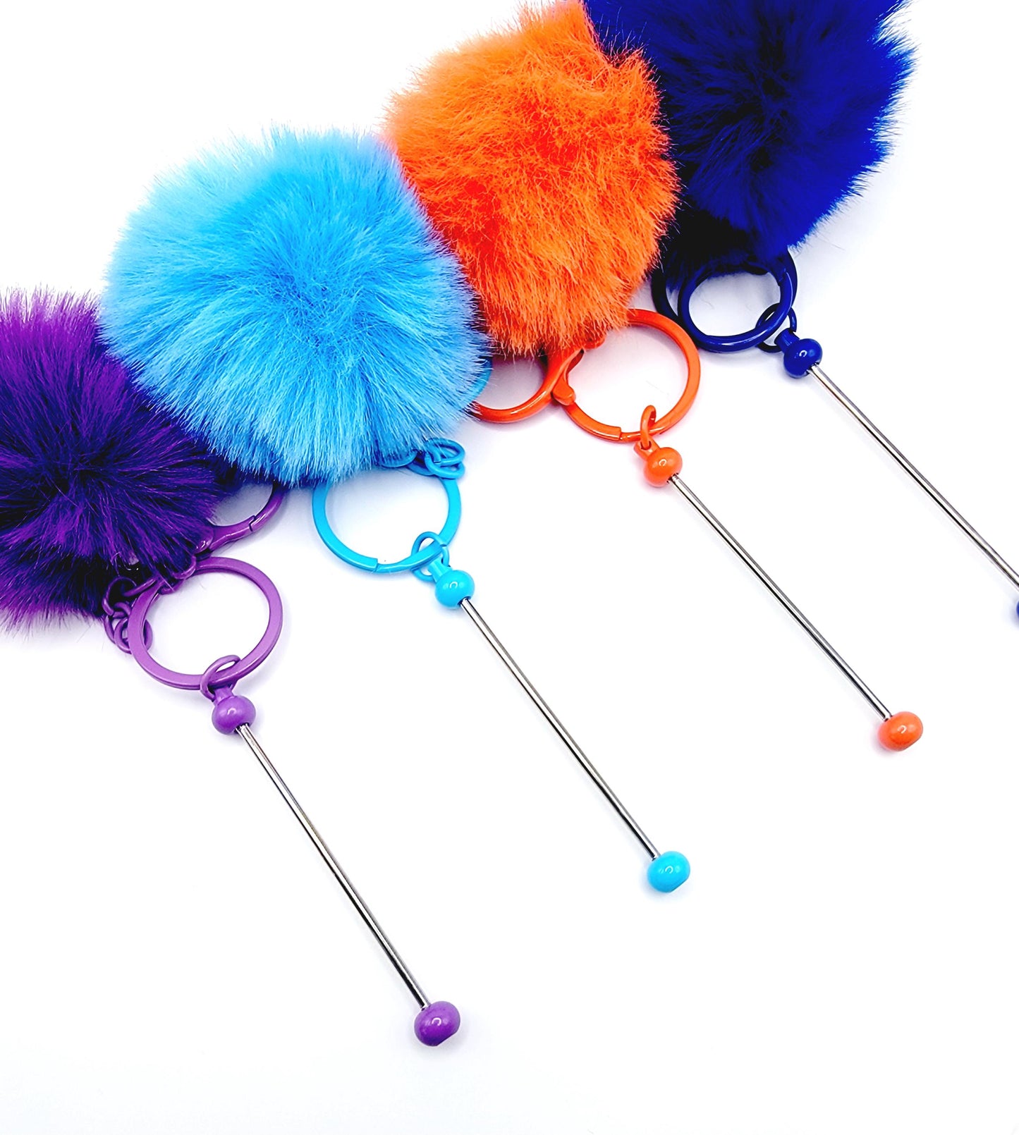 Beadable Keychain Bar with Fluffy Pom Pom, Fuzzy Fur Ball With Bead Bar