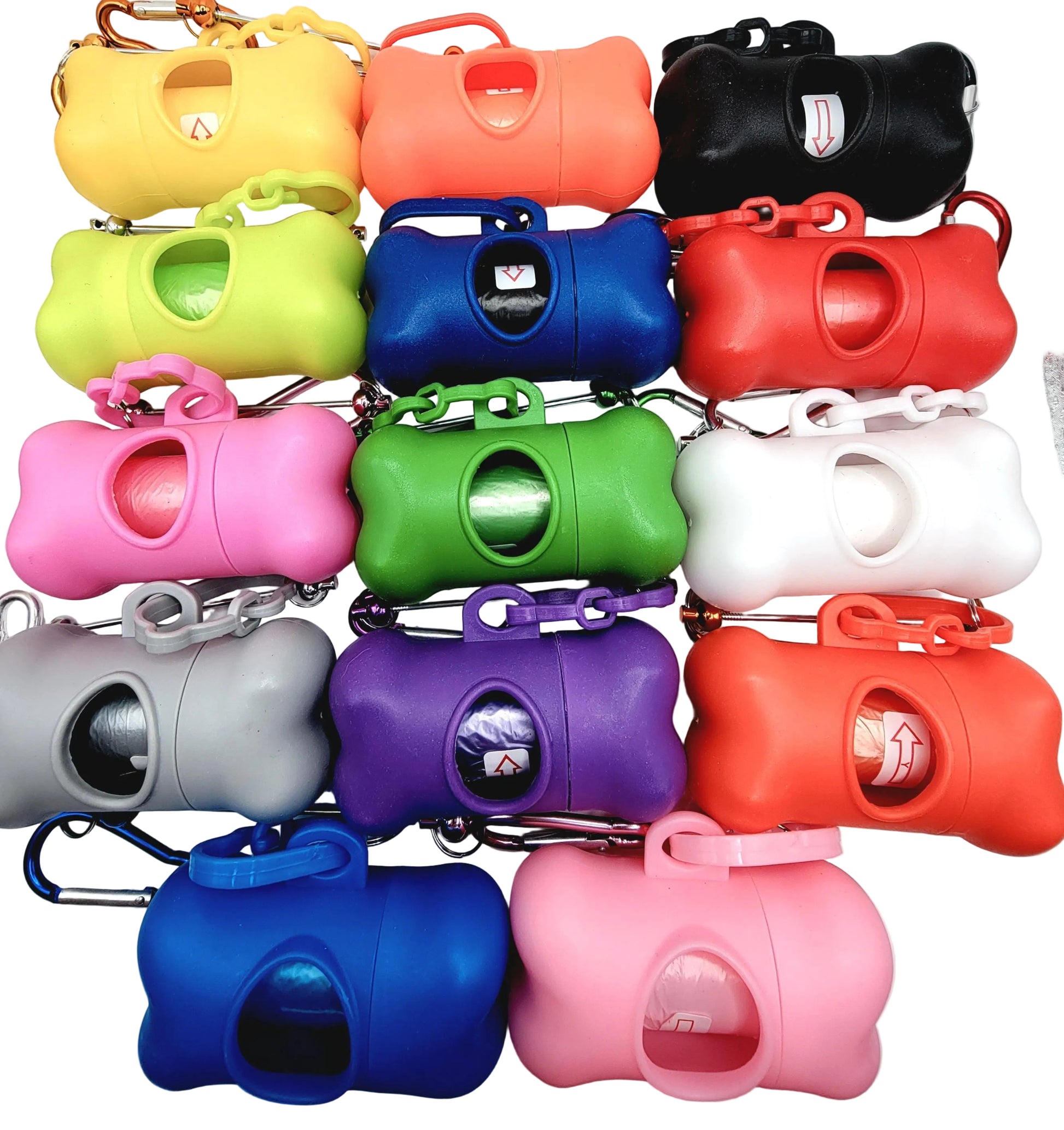 Colorful dog waste bags dispensers arranged in a grid on a white background
