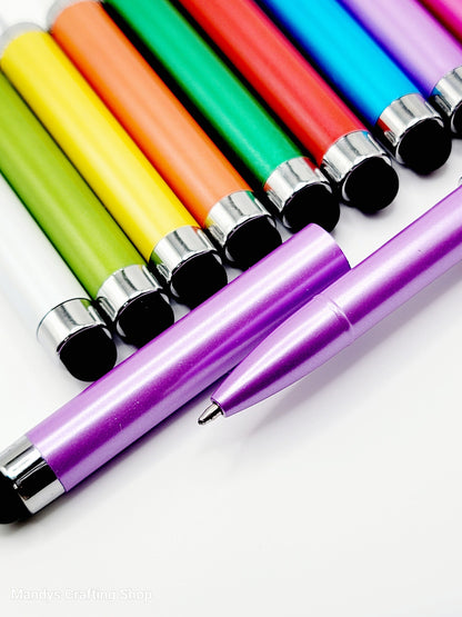 Colorful pens with purple pen on a white background