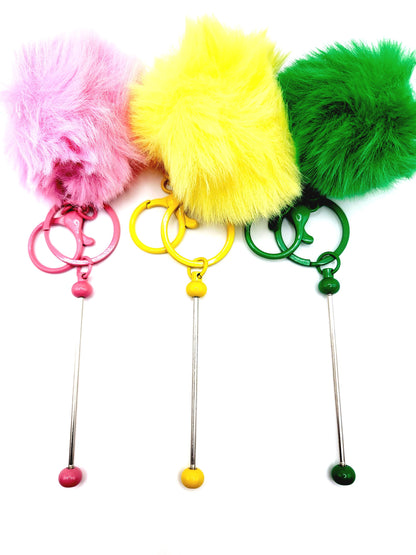 Beadable Keychain Bar with Fluffy Pom Pom, Fuzzy Fur Ball With Bead Bar