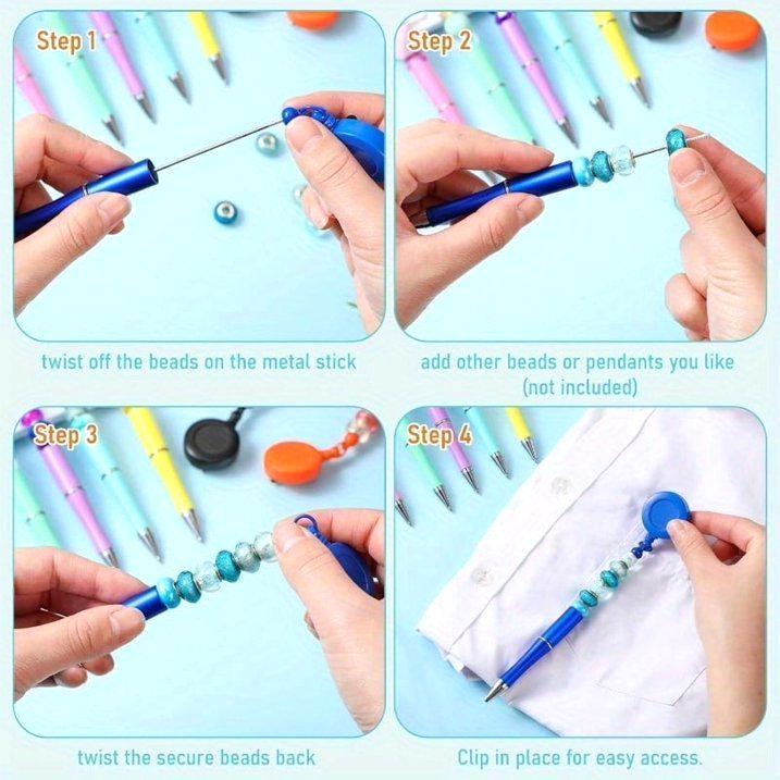 Step-by-step tutorial on how to use a beading tool with colorful beads.