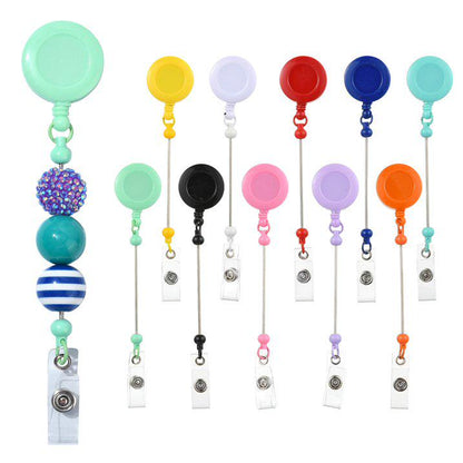 Set of colorful badge holders with various designs on a white background