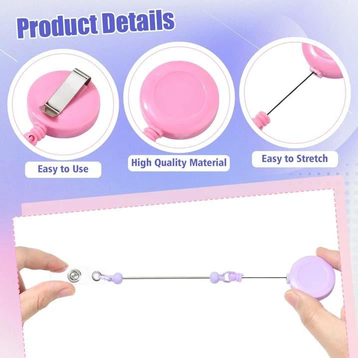 Product details of a retractable lanyard with ease of use, high quality material, and ease of stretching features.