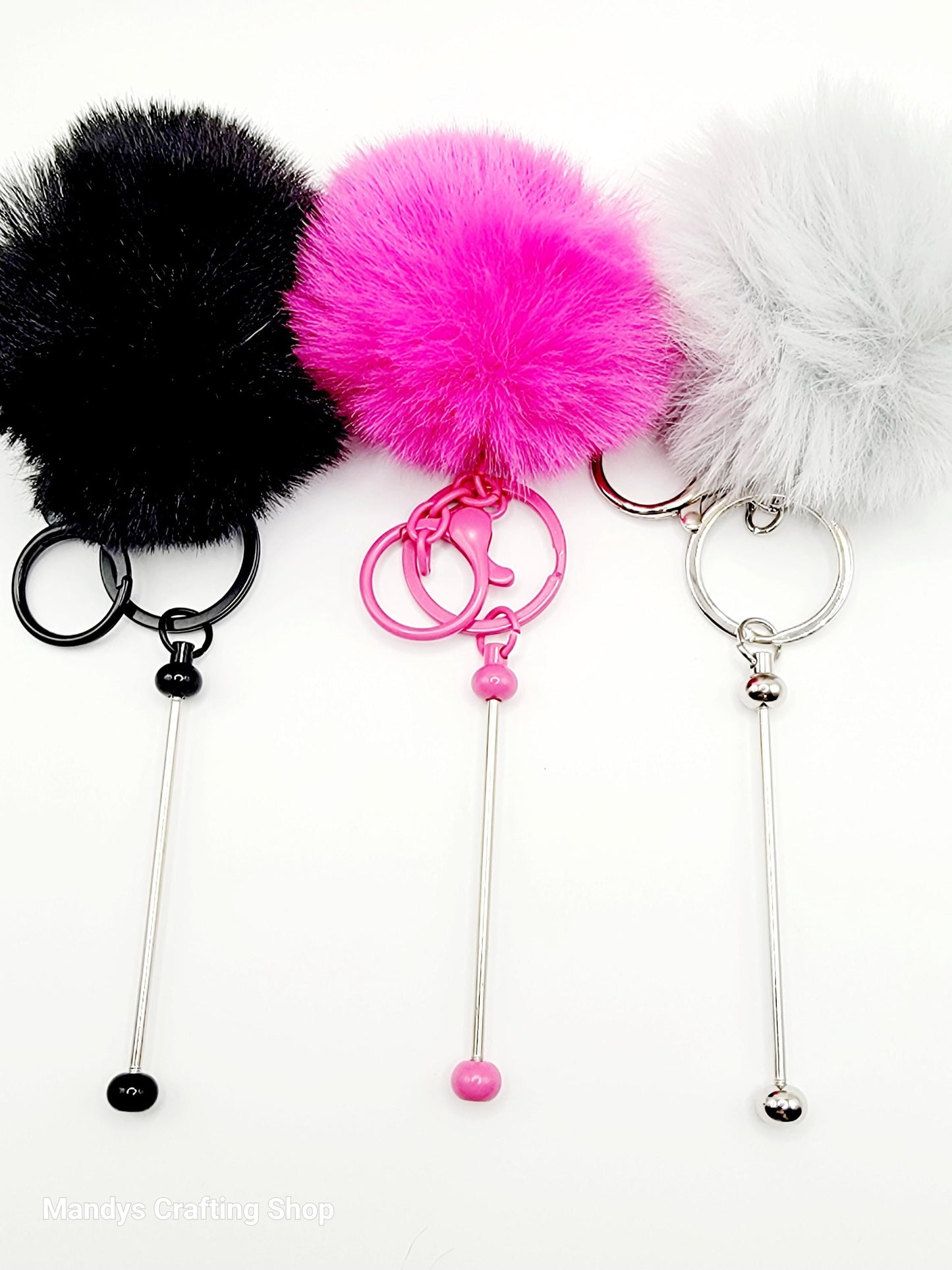 Beadable Keychain Bar with Fluffy Pom Pom, Fuzzy Fur Ball With Bead Bar