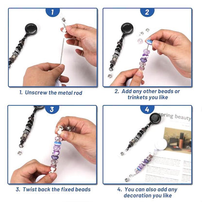 Step-by-step guide on how to use a beaded holder with fixed beads and options to add other beads or trinkets.