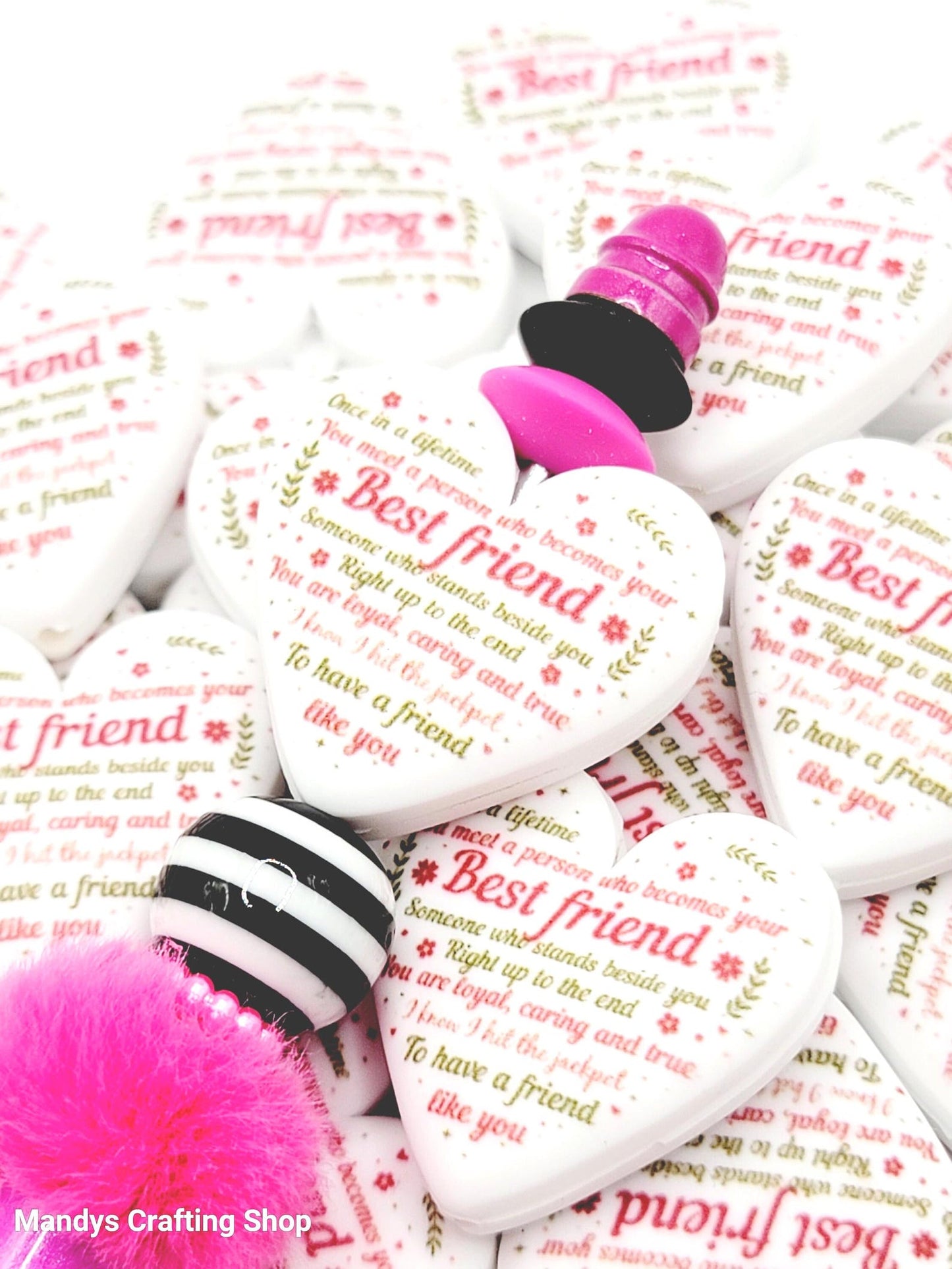 Best Friend Jackpot Heart Focal Bead – Printed Silicone Coworker & Pen Bead (Set of 2)