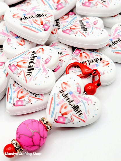 Dental Life Heart Focal Bead – Printed Silicone Hygienist & Orthodontist Pen Bead (Set of 2)