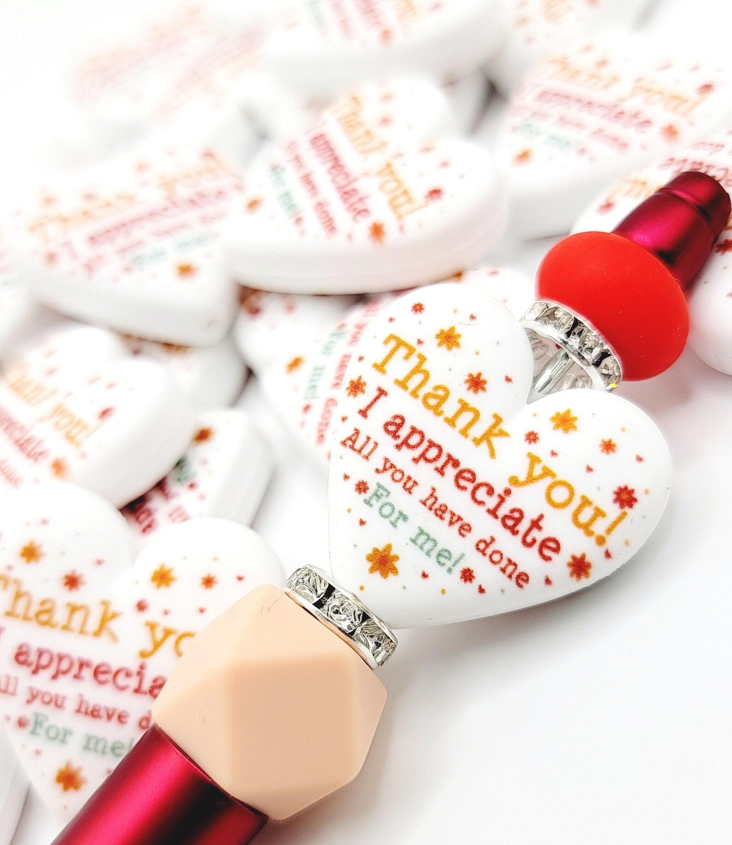 Thank You Heart Focal Bead – Printed Silicone Teacher & Coworker Pen Bead (Set of 2)