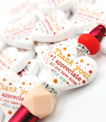Thank You Heart Focal Bead – Printed Silicone Teacher & Coworker Pen Bead (Set of 2)