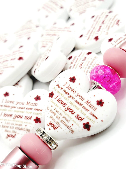 I Love You Mum Heart Focal Bead – Mother’s Day Printed Silicone Pen & Keychain Bead (Set of 2)