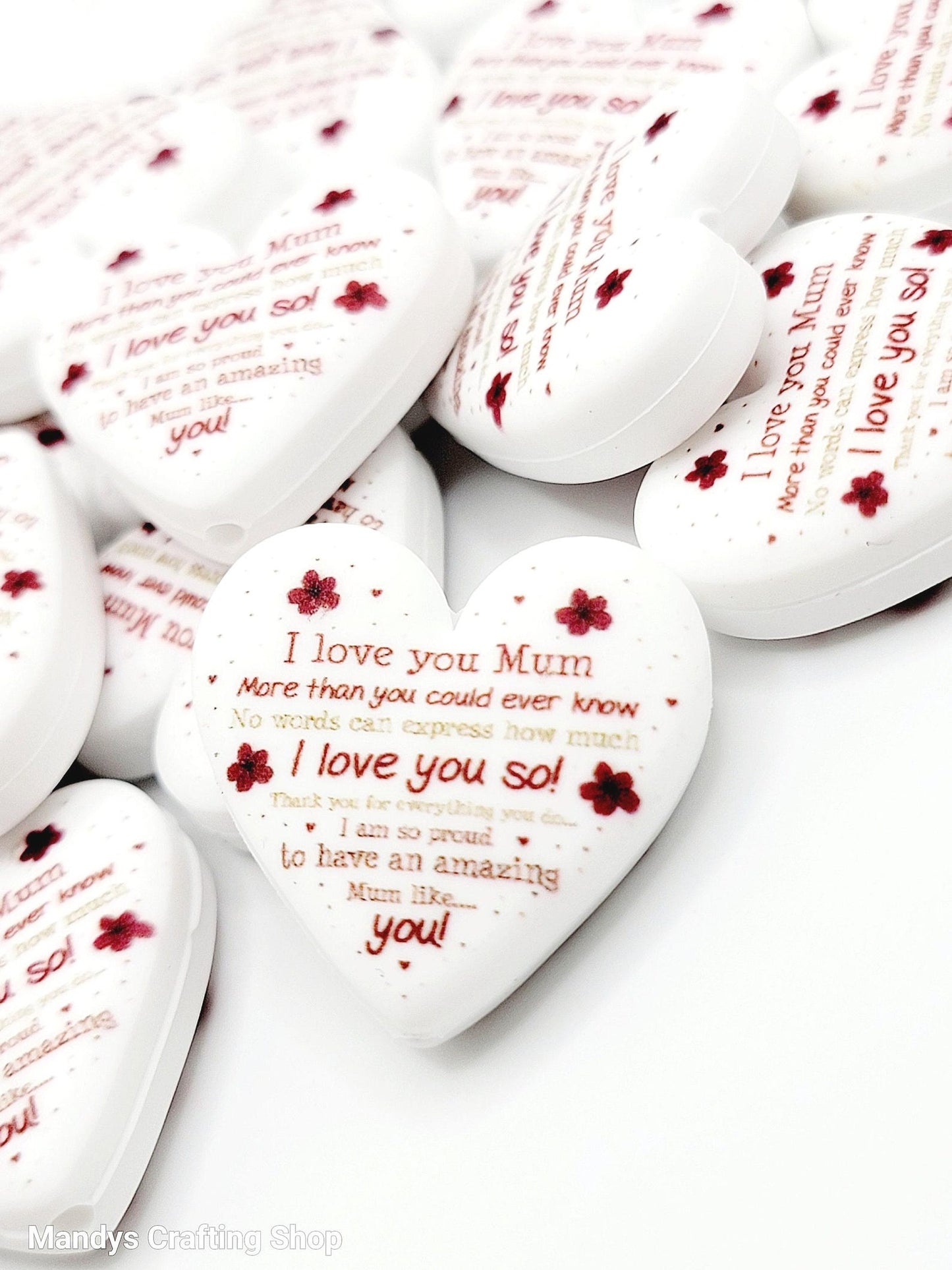 I Love You Mum Heart Focal Bead – Mother’s Day Printed Silicone Pen & Keychain Bead (Set of 2)