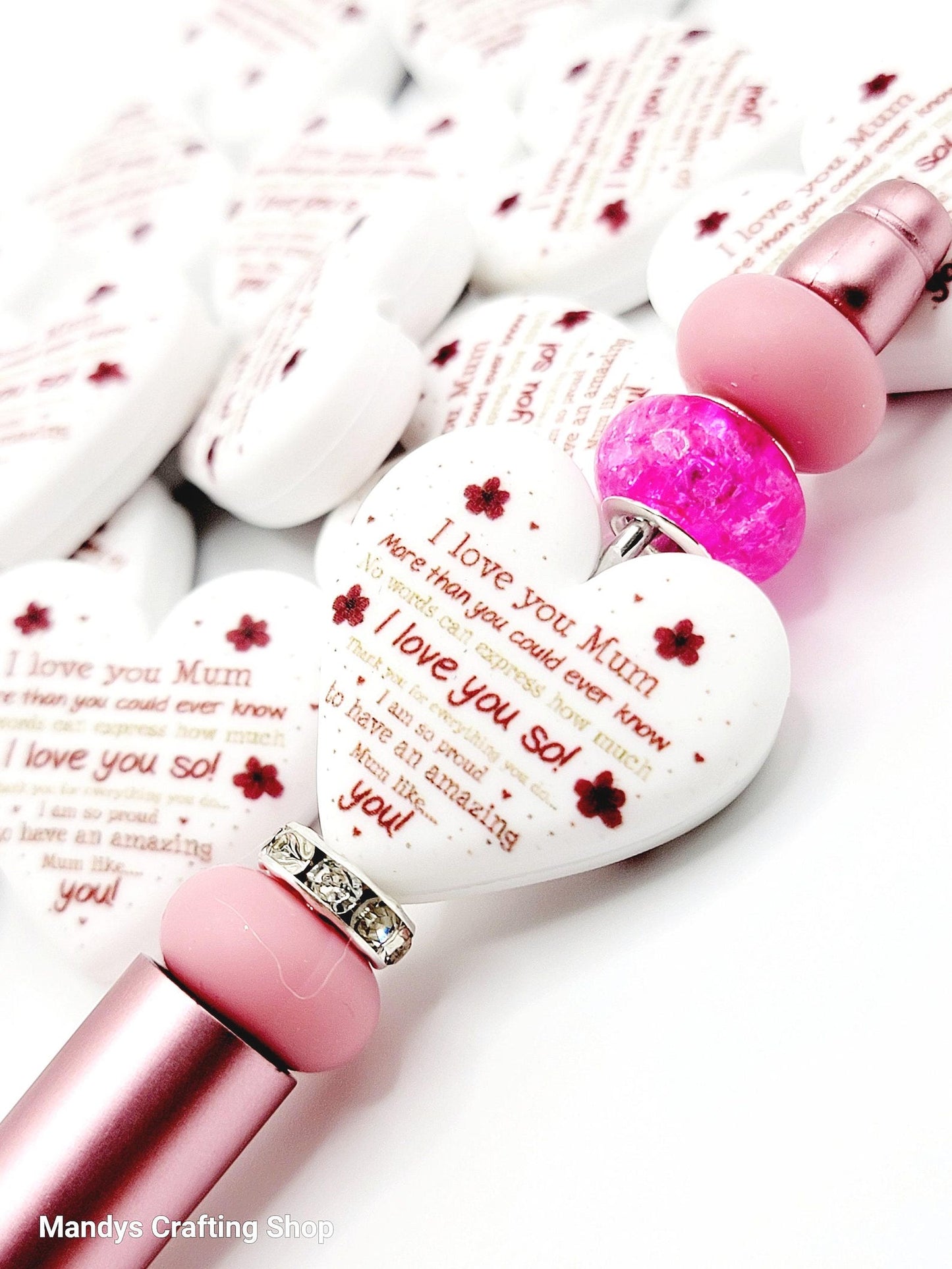 I Love You Mum Heart Focal Bead – Mother’s Day Printed Silicone Pen & Keychain Bead (Set of 2)
