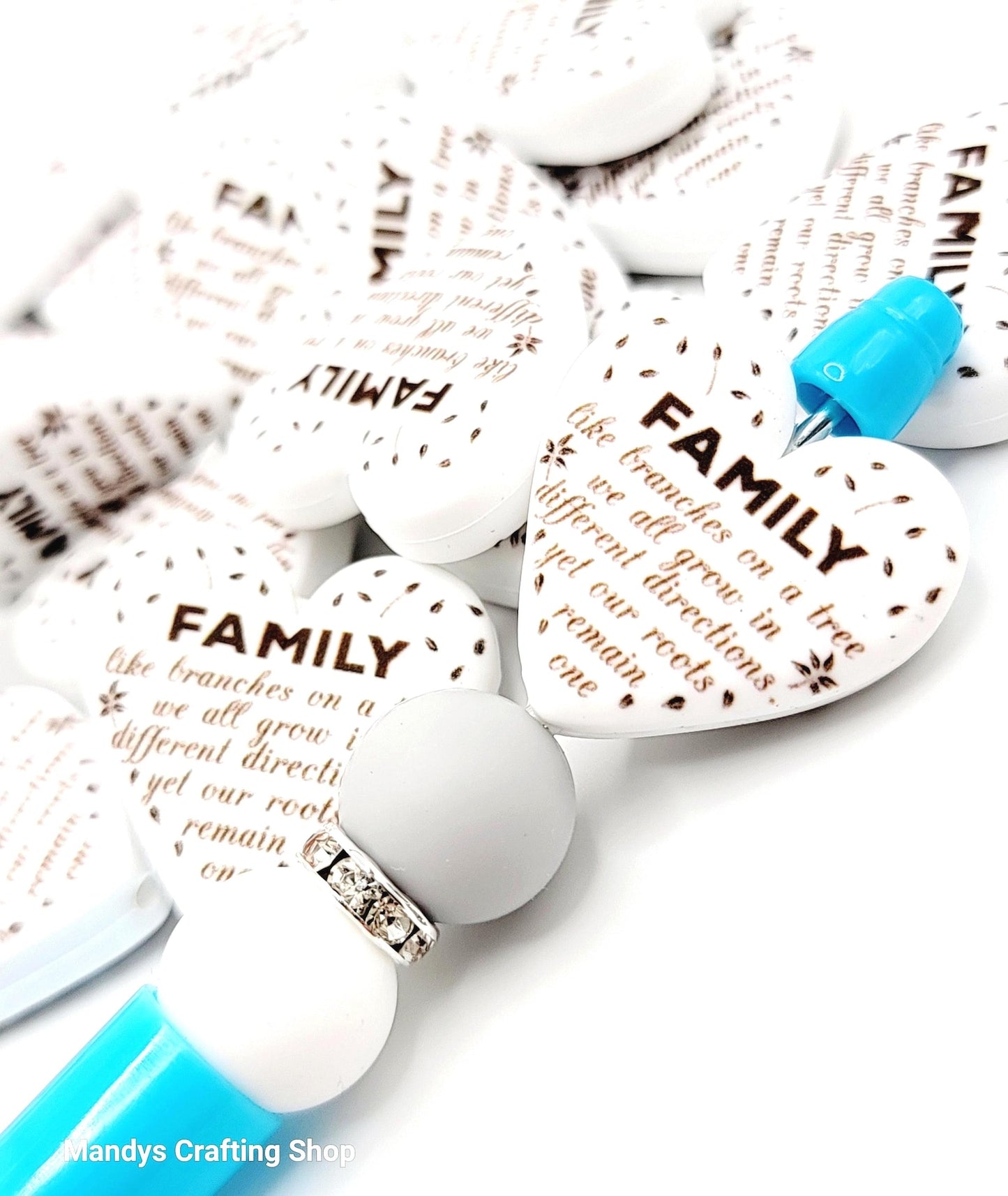 Family Branches Heart Focal Bead – Printed Silicone Family Pen & Keychain Bead (Set of 2)
