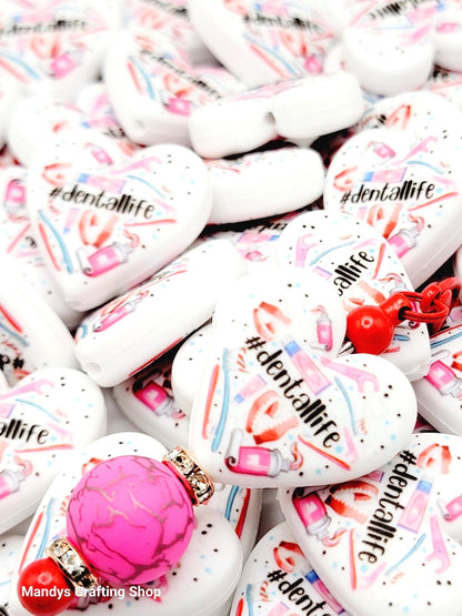 Dental Life Heart Focal Bead – Printed Silicone Hygienist & Orthodontist Pen Bead (Set of 2)