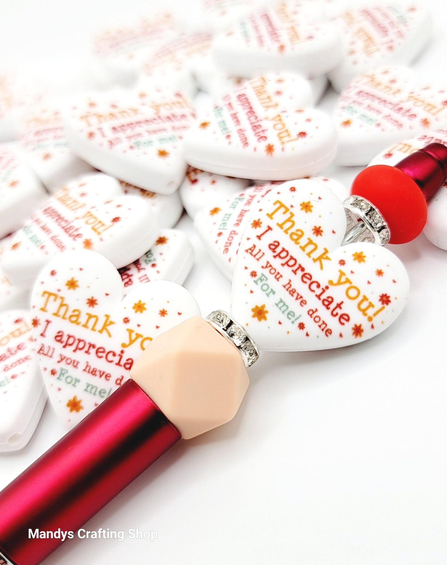 Thank You Heart Focal Bead – Printed Silicone Teacher & Coworker Pen Bead (Set of 2)