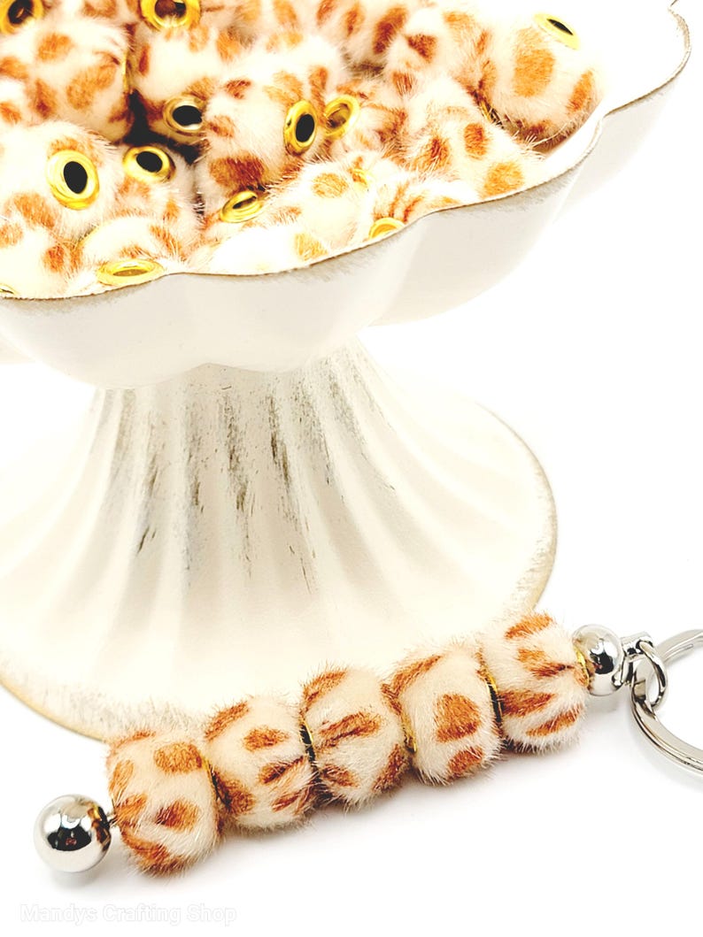 Cream Leopard Print Plush Beads – Fuzzy Pom Pom Spacer Beads for DIY Crafts (Set of 5)