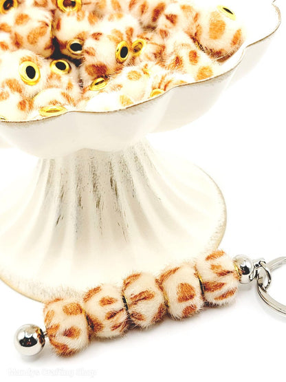 Cream Leopard Print Plush Beads – Fuzzy Pom Pom Spacer Beads for DIY Crafts (Set of 5)