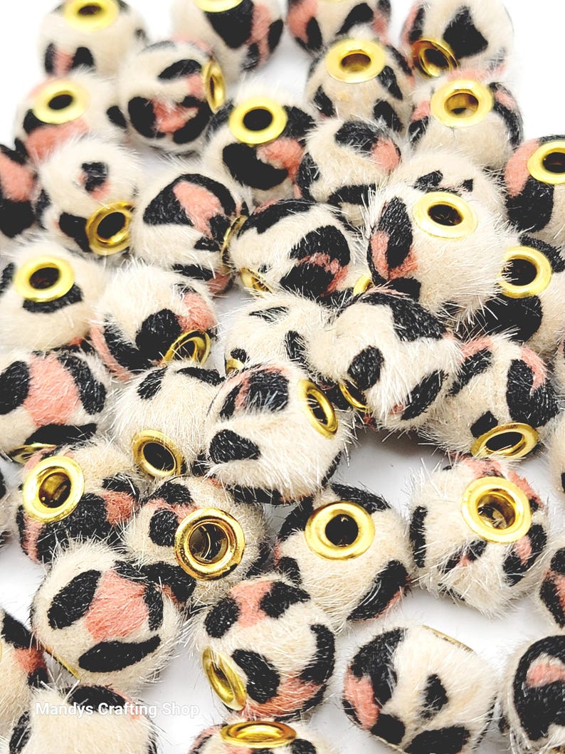 Khaki Leopard Print Plush Beads – Fuzzy Pom Pom Spacer Beads for DIY Crafts (Set of 5)