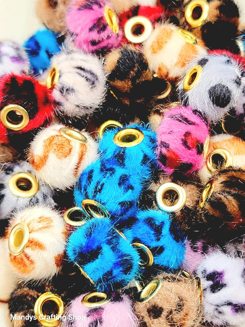 Mix Leopard Print Fuzzy Beads – Furry Pom Pom Beads for DIY Crafts (Set of 5)