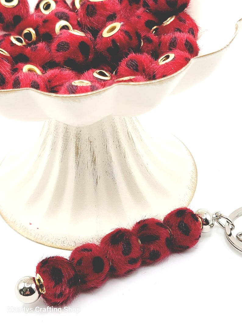 Dark Red Leopard Print Plush Beads – Fuzzy Pom Pom Spacer Beads for DIY Crafts (Set of 5)