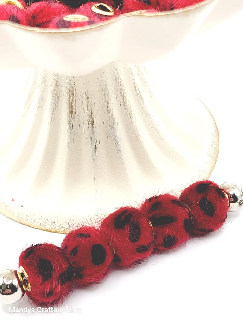 Dark Red Leopard Print Plush Beads – Fuzzy Pom Pom Spacer Beads for DIY Crafts (Set of 5)