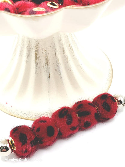 Dark Red Leopard Print Plush Beads – Fuzzy Pom Pom Spacer Beads for DIY Crafts (Set of 5)