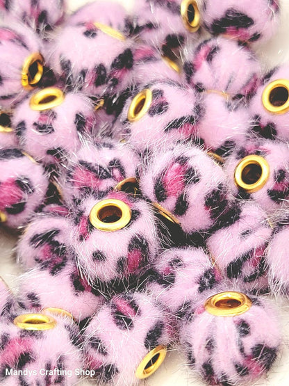 Light Pink Leopard Print Plush Bead – Fuzzy Pom Pom Spacer Bead for DIY Crafts (Set of 5)
