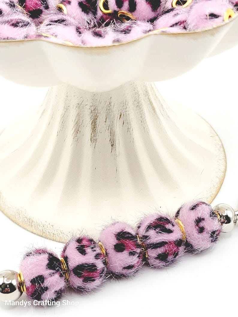 Light Pink Leopard Print Plush Bead – Fuzzy Pom Pom Spacer Bead for DIY Crafts (Set of 5)