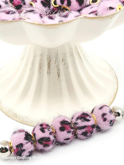 Light Pink Leopard Print Plush Bead – Fuzzy Pom Pom Spacer Bead for DIY Crafts (Set of 5)