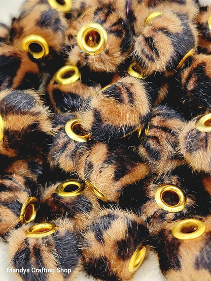 Brown Leopard Print Plush Beads – Fuzzy Pom Pom Spacer Beads for DIY Crafts (Set of 5)