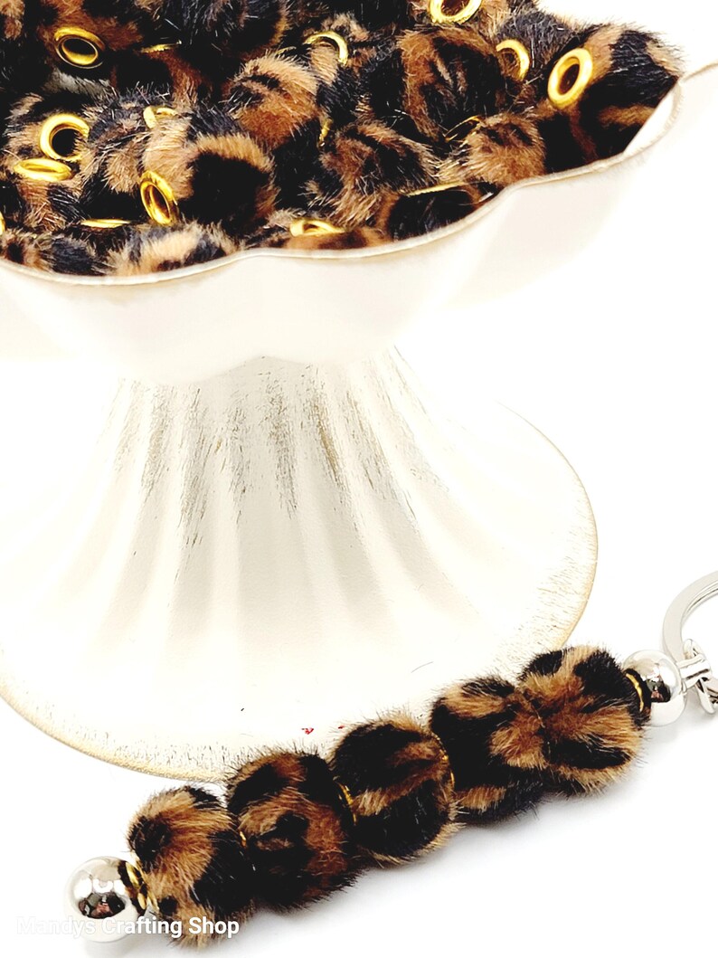 Brown Leopard Print Plush Beads – Fuzzy Pom Pom Spacer Beads for DIY Crafts (Set of 5)