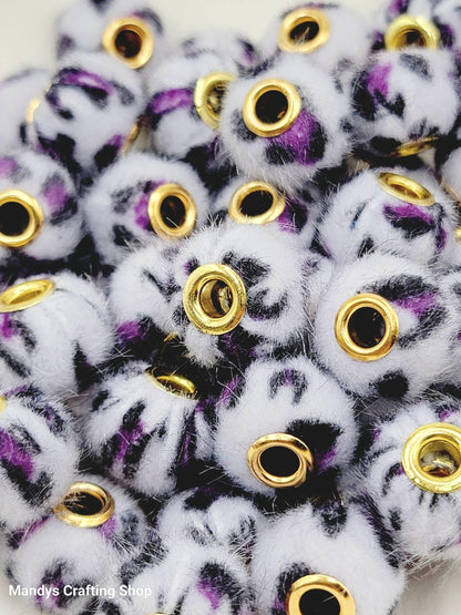 Gray Purple Leopard Print Plush Bead – Fuzzy Pom Pom Spacer Bead for DIY Crafts (Set of 5)