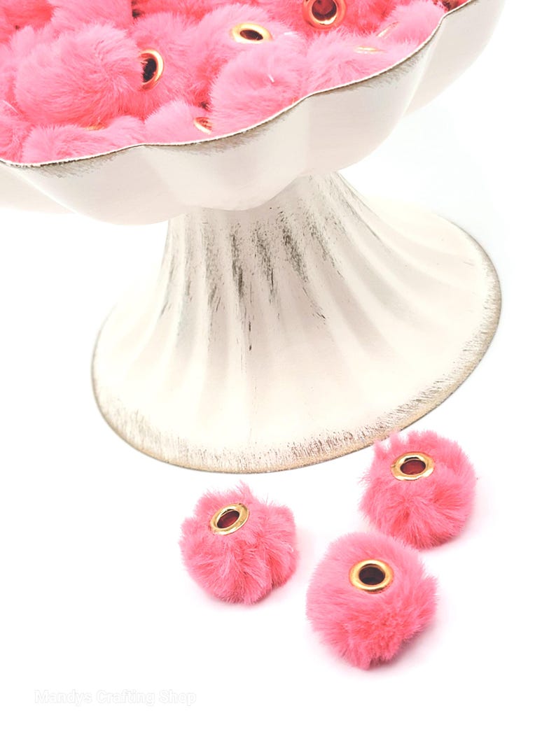 Punch Pink Faux Fur Beads – Fuzzy Pom Pop Spacer Beads for Pens, Keychains & DIY Crafts (Set of 10)