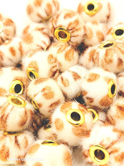 Cream Leopard Print Plush Beads – Fuzzy Pom Pom Spacer Beads for DIY Crafts (Set of 5)