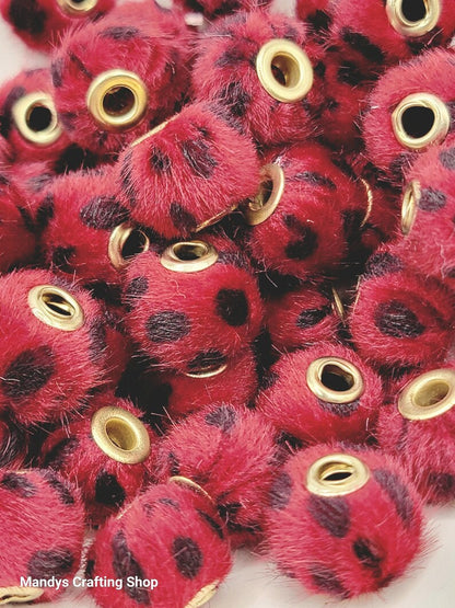 Dark Red Leopard Print Plush Beads – Fuzzy Pom Pom Spacer Beads for DIY Crafts (Set of 5)