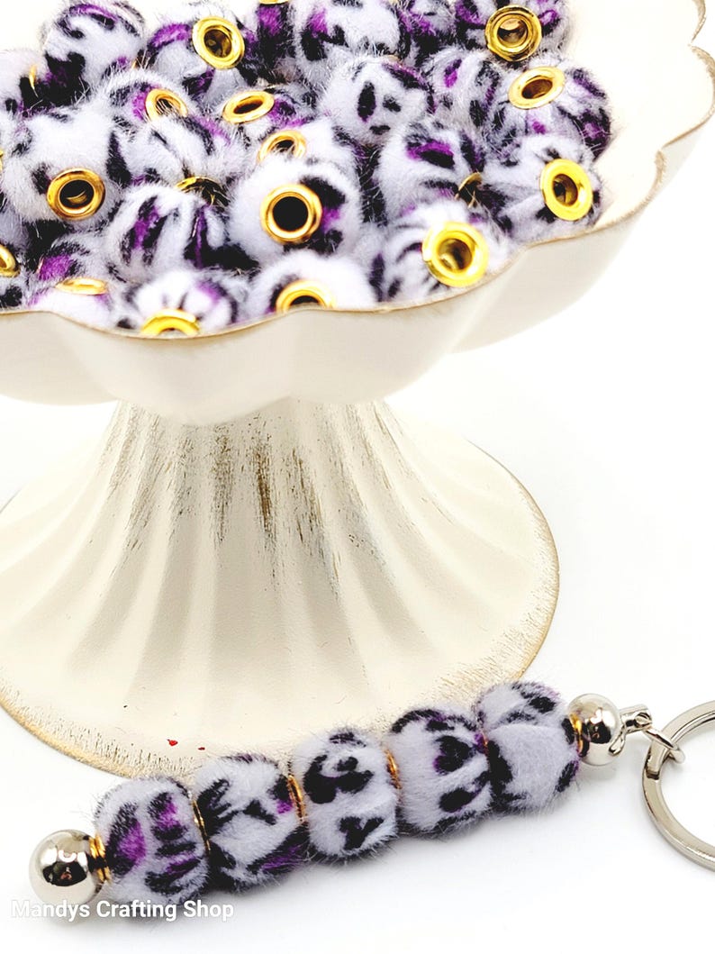 Gray Purple Leopard Print Plush Bead – Fuzzy Pom Pom Spacer Bead for DIY Crafts (Set of 5)