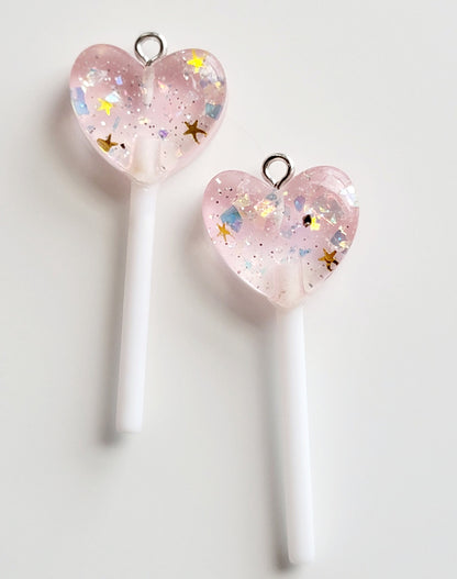 Sparkle Heart Lollipop Resin Charms (Set of 2) - Eyehook Charm