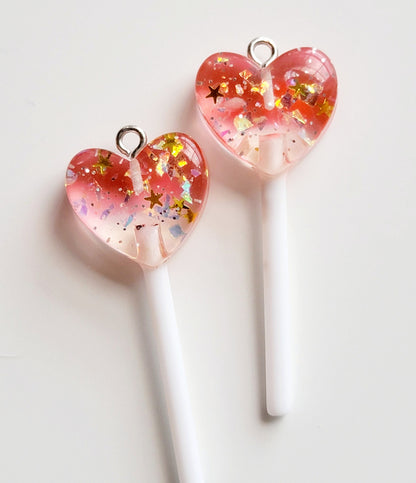 Sparkle Heart Lollipop Resin Charms (Set of 2) - Eyehook Charm